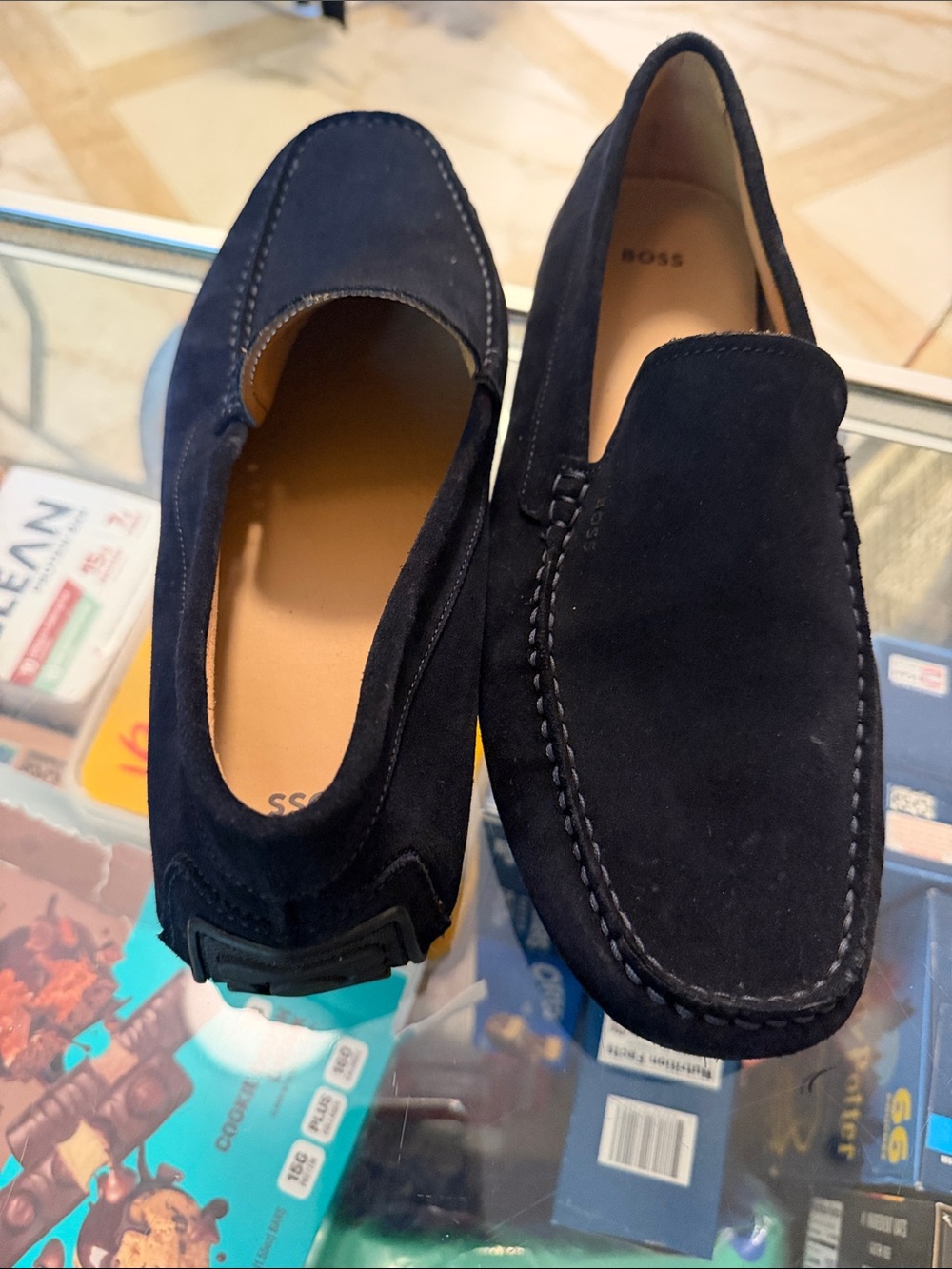 Boss Men's Suede Slip-On Loafers in Navy Blue